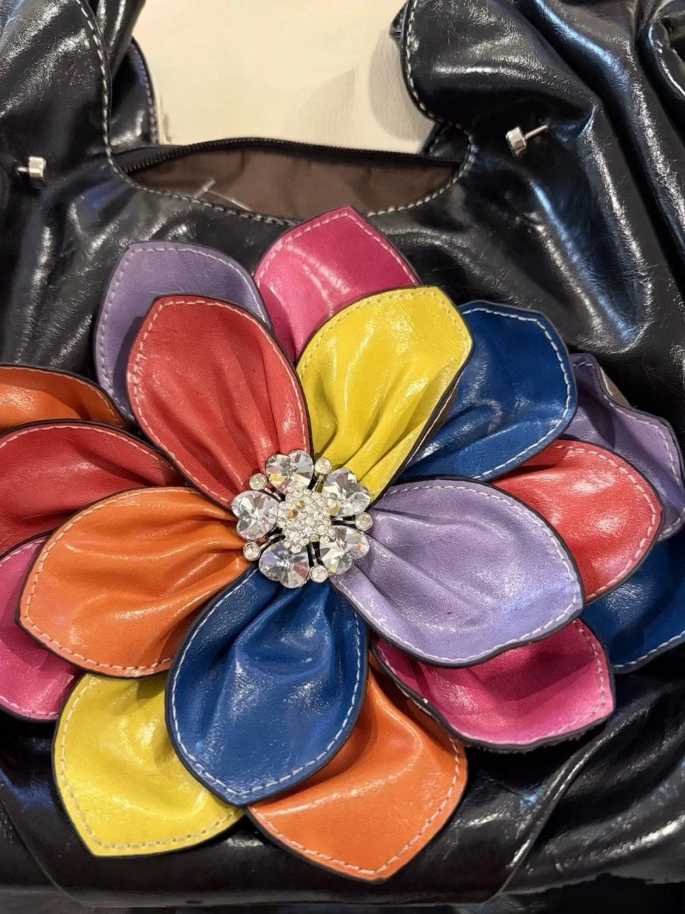 Y2K Black Studded Shoulder Bag Oversized Multicolored Flower Rhinestone Slouch